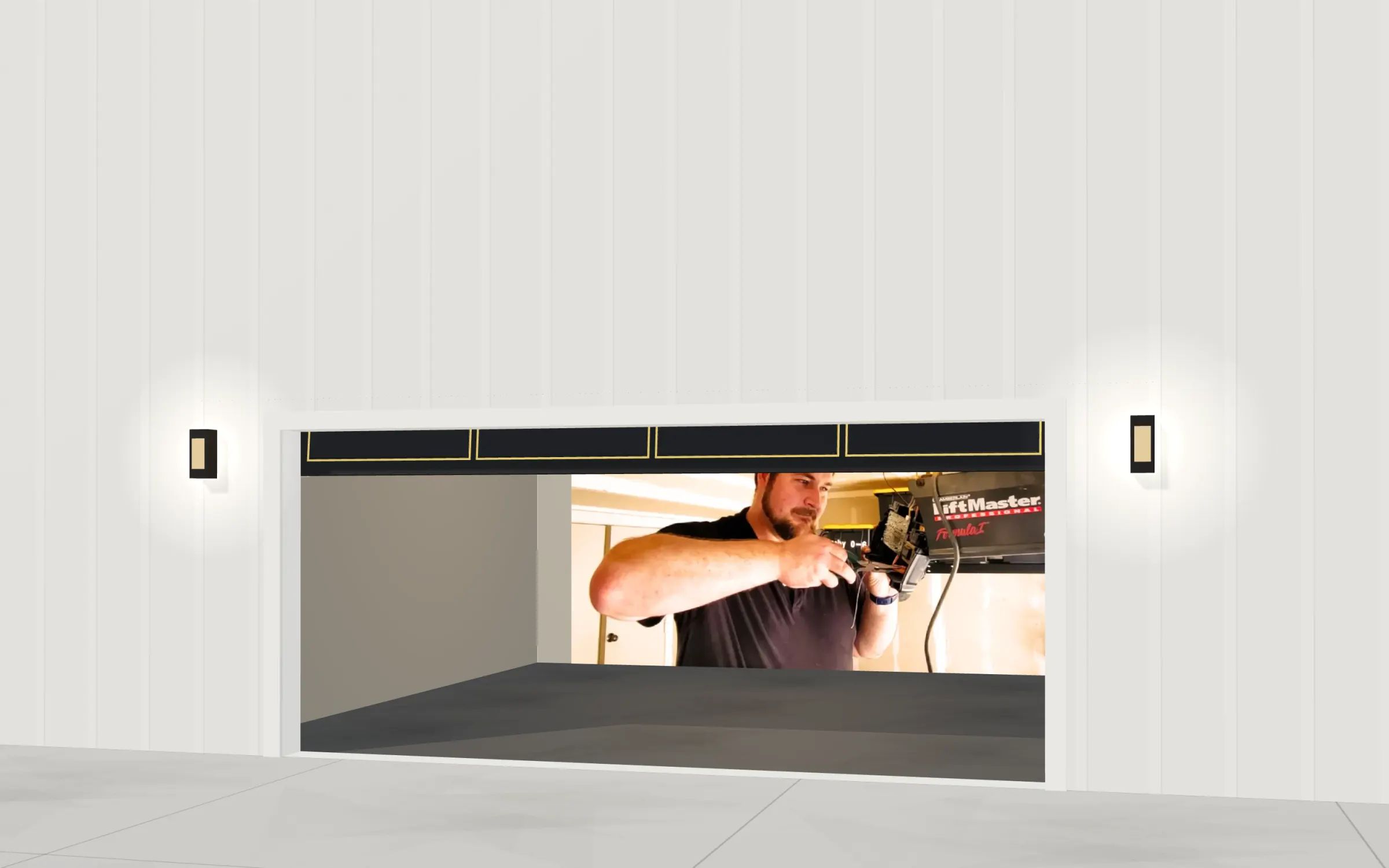 A black steel garage door with gold-outlined panels rolling up its track, with Peter working on a LiftMaster opener inside.